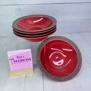 Sango RUSTIC CRANBERRY 5134 Red Rustic Brown Rim Stoneware Rim Soup Bowls Set 5